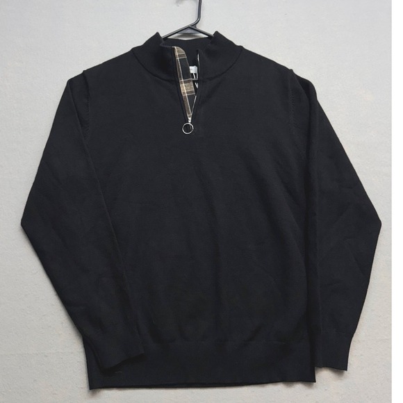Runcati Other - Runcati Mens Quarter Zip Sweater Black Mock Neck Plaid Trim QT1824 Size L NEW